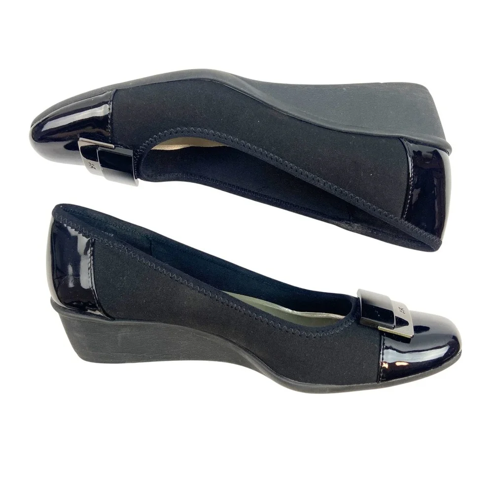 Anne Klein‎ iFlex Black Fabric Patent Cap Toe Wedge Heels WAVERLY Womens 7.5M